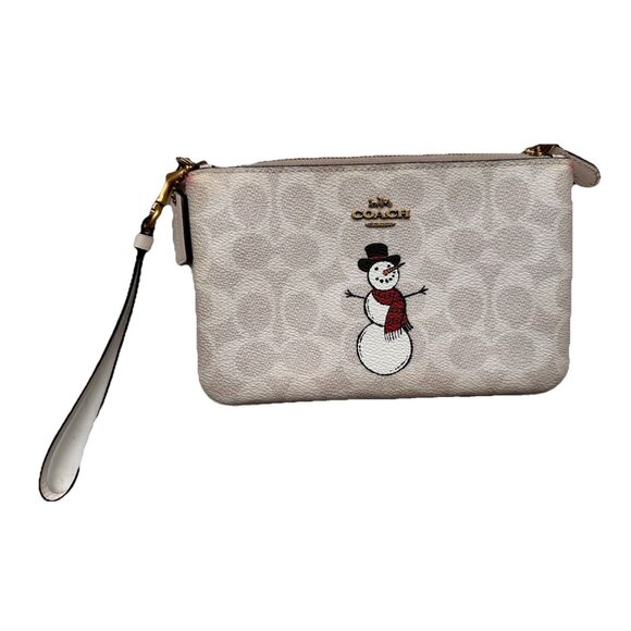 Coach Small Wristlet / Wallet In Signature Canvas With Snowman (tiny flaws) Xmas - Picture 1 of 8